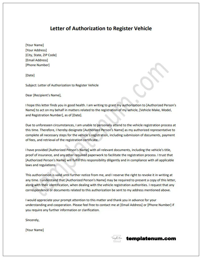 Letter of authorization template to register vehicle