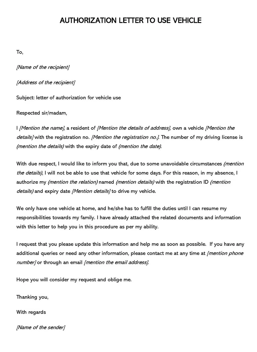 Authorization to drive vehicle sample letters & templates
