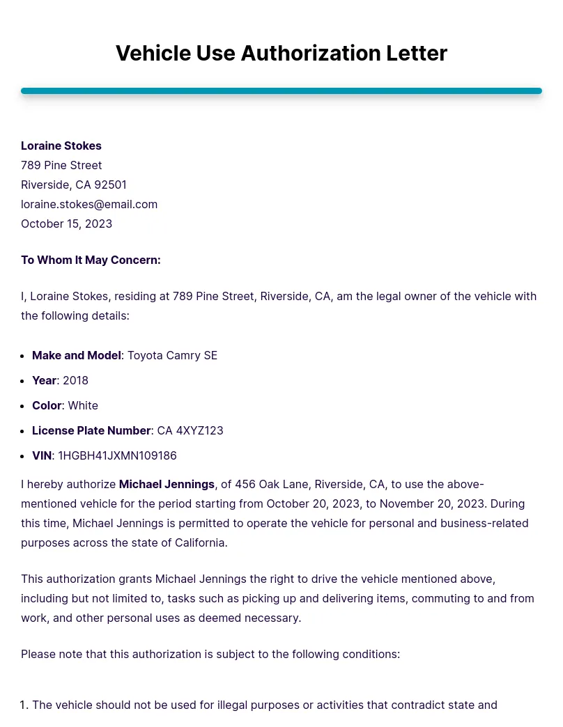 Vehicle use authorization letter example [edit & download]