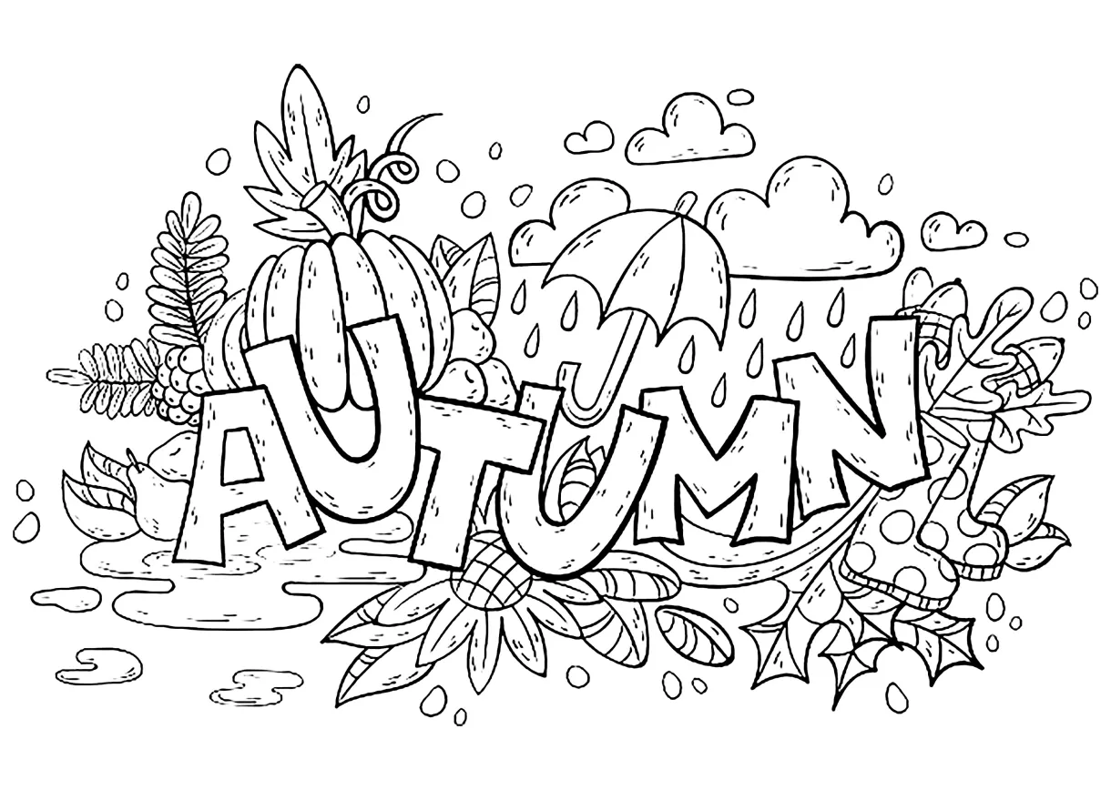 Nice coloring page with the word autumn in english to put in color printable coloring page