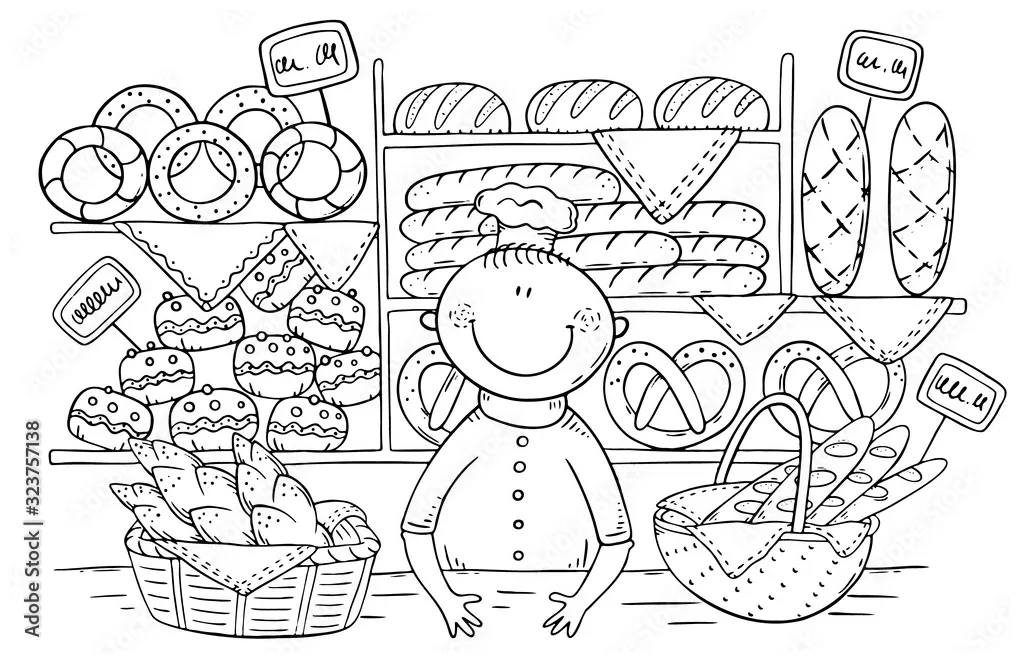 Cartoon baker selling bread and buns at the bakery, coloring page stock