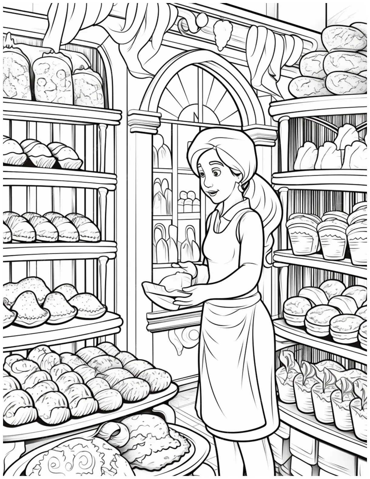 Premium ai a coloring page of a baker in a bakery with bread