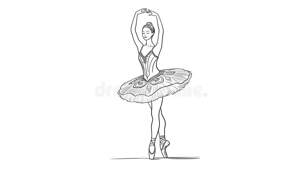 Graceful ballerina en pointe in elegant pose, line art for coloring