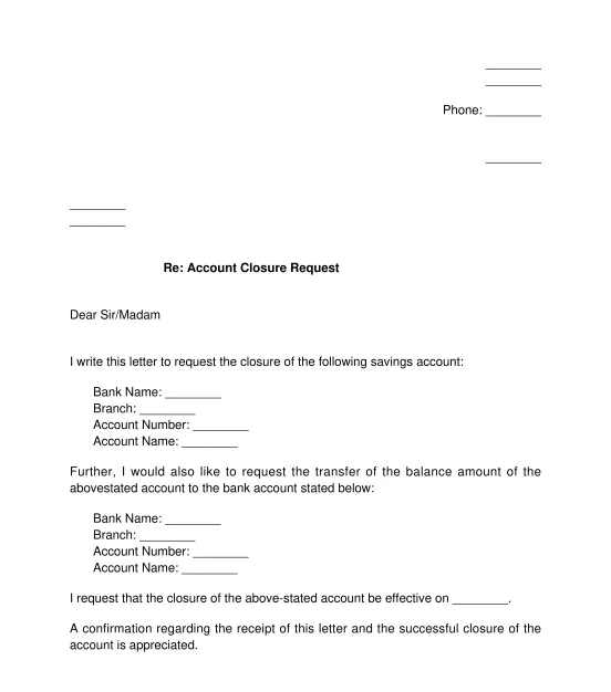 Closing bank account letter format