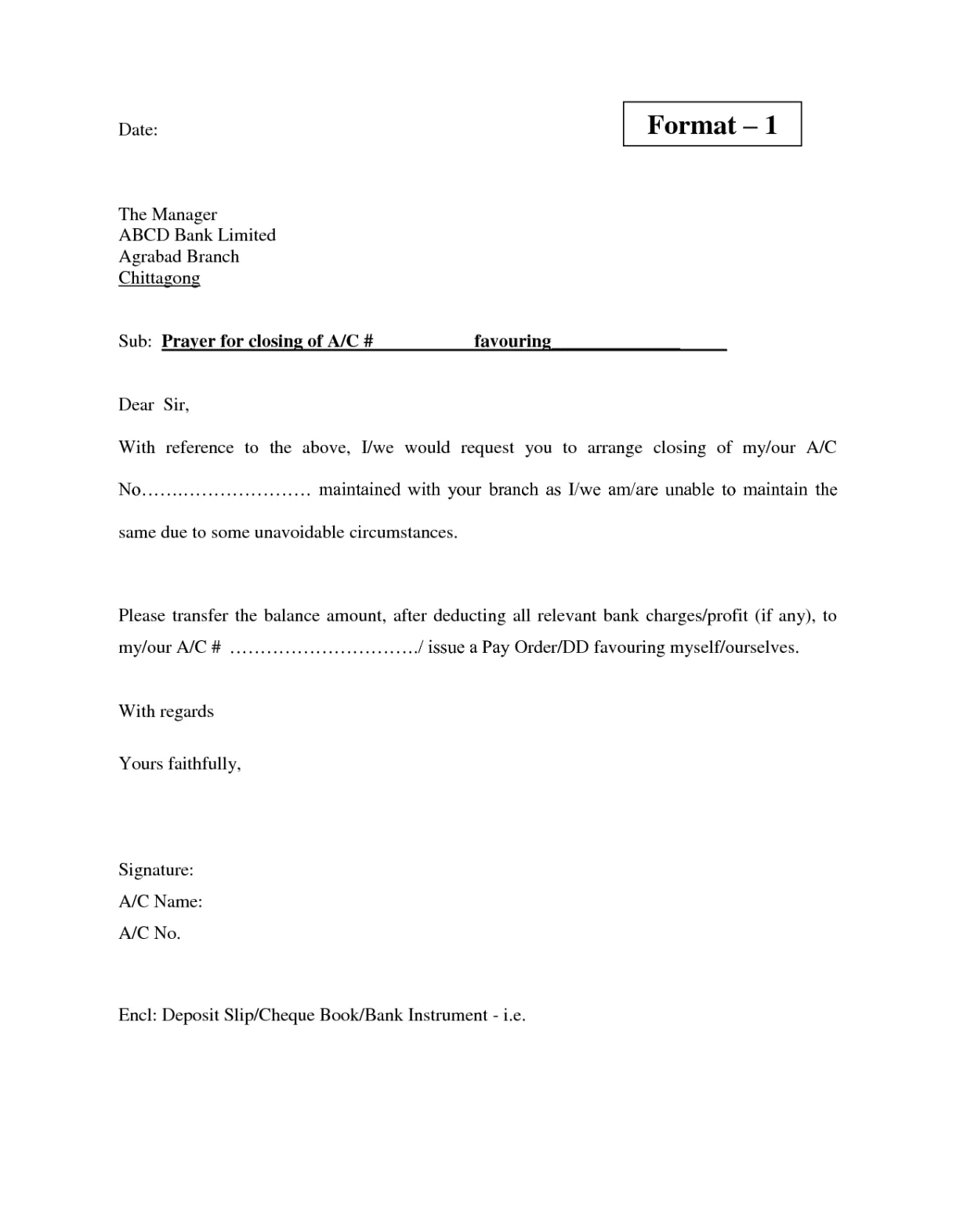 Letter of closing of bank account resignation letter sample