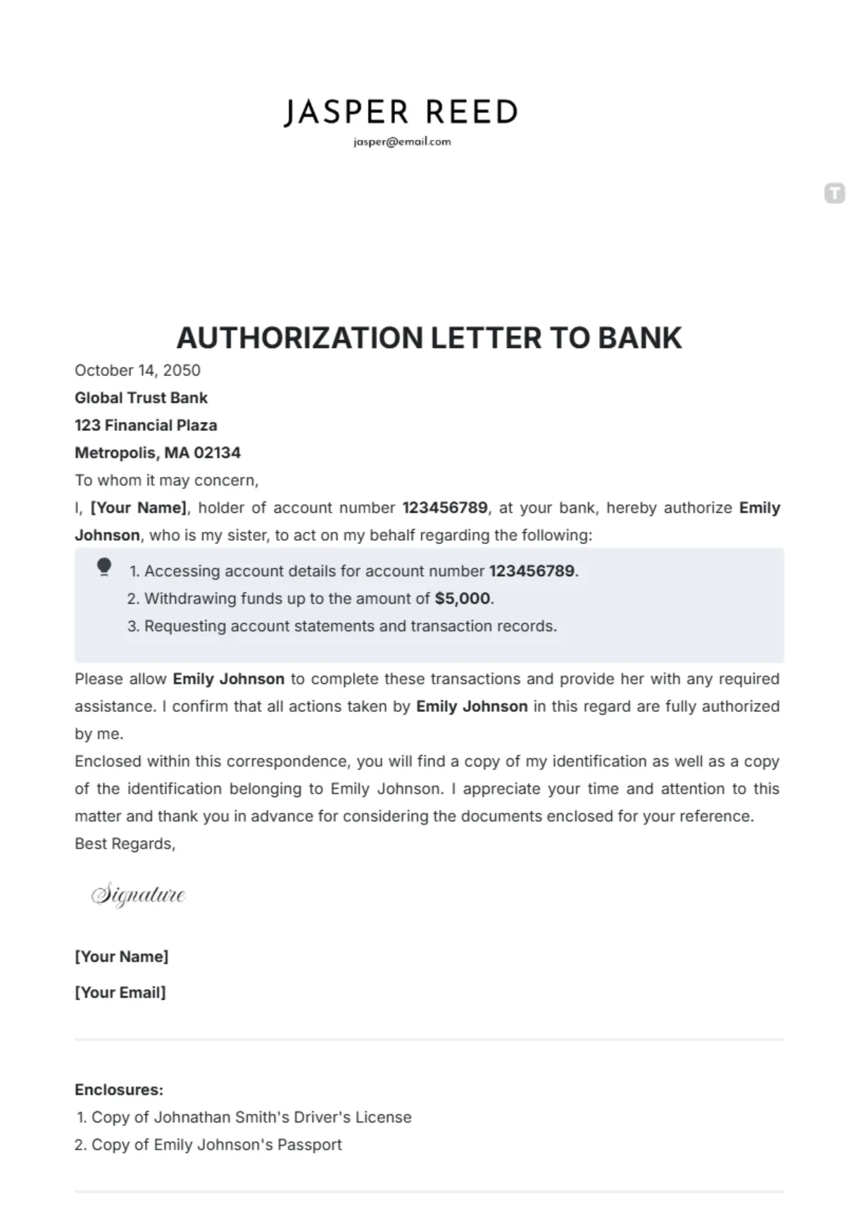 Free authorization letter to bank template to edit online