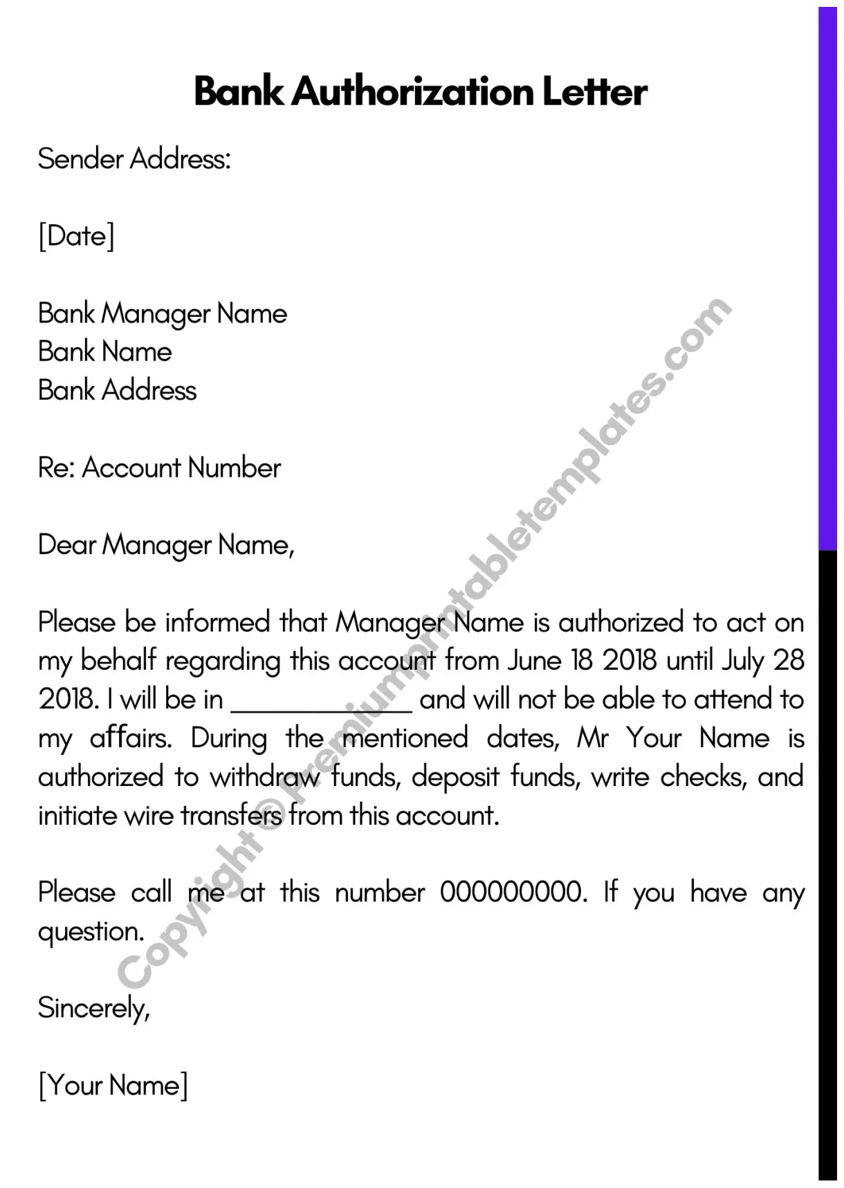 Authorization letter for bank blank printable pdf, word