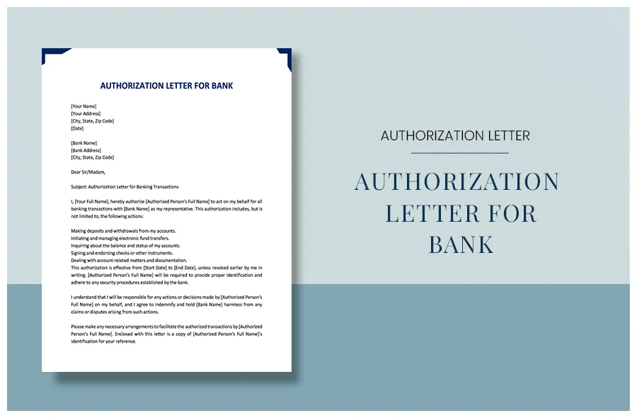 Authorization letter for bank in word, pdf, google docs, pages
