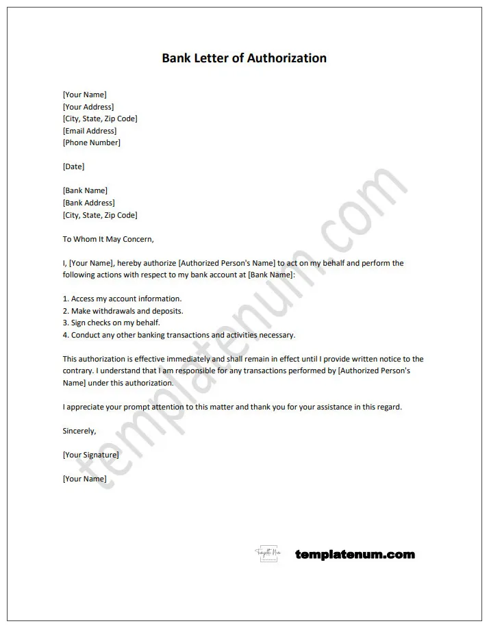 Bank letter of authorization template free printable printable coloring page