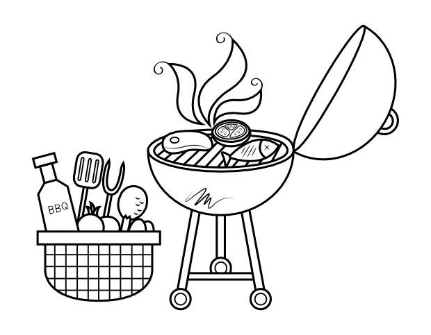 Printable grill with barbecue supplies and utensils coloring page printable coloring page
