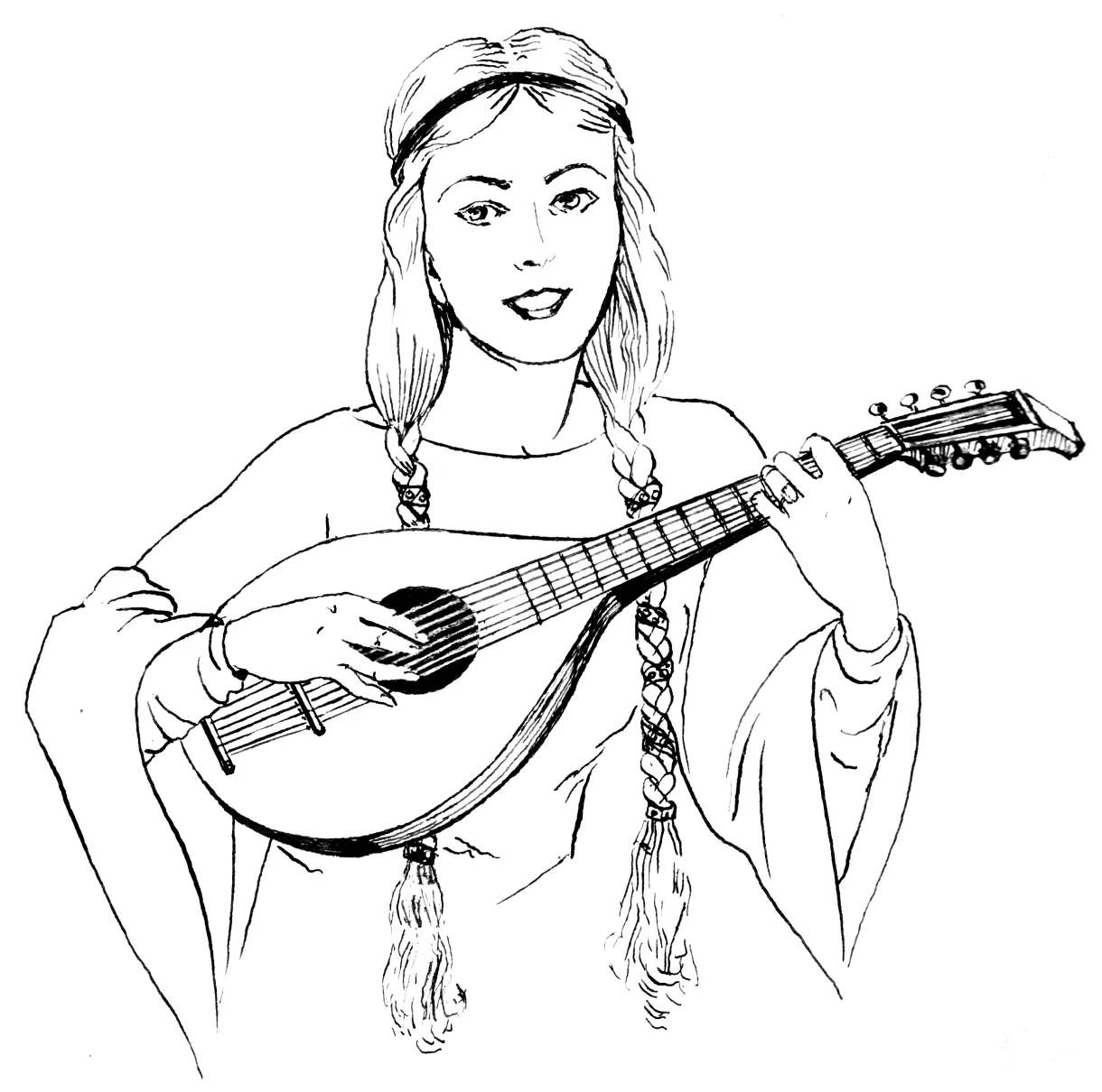 Woman in braids playing a lute coloring page colouringpages