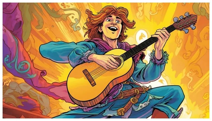 A bard performing on stage with a lute. fantasy concept , illustration