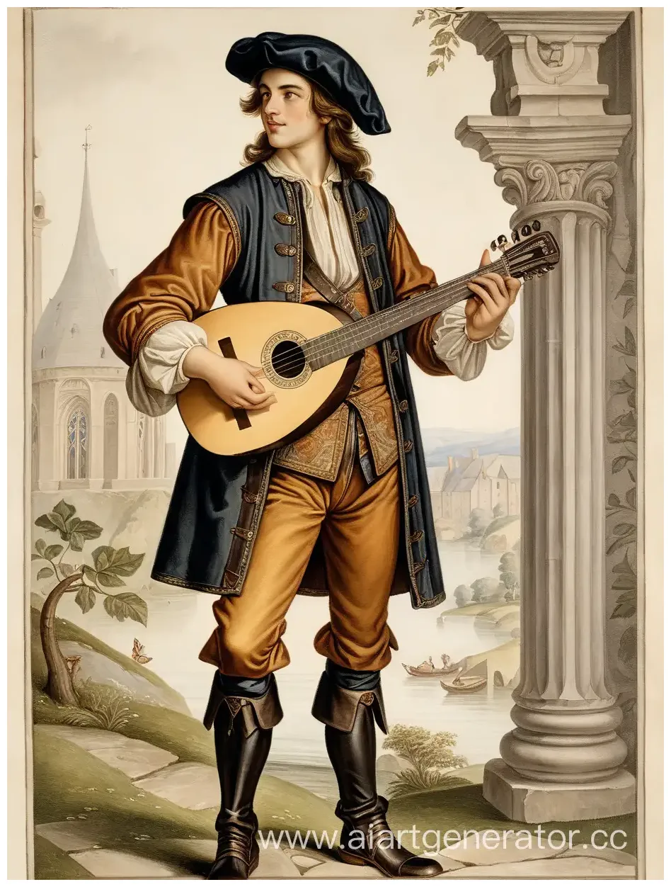 Young handsome bard playing lute in travel attire and jest cap ai art