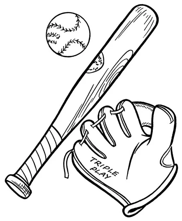 Baseball glove, a ball and a bat coloring page download & print