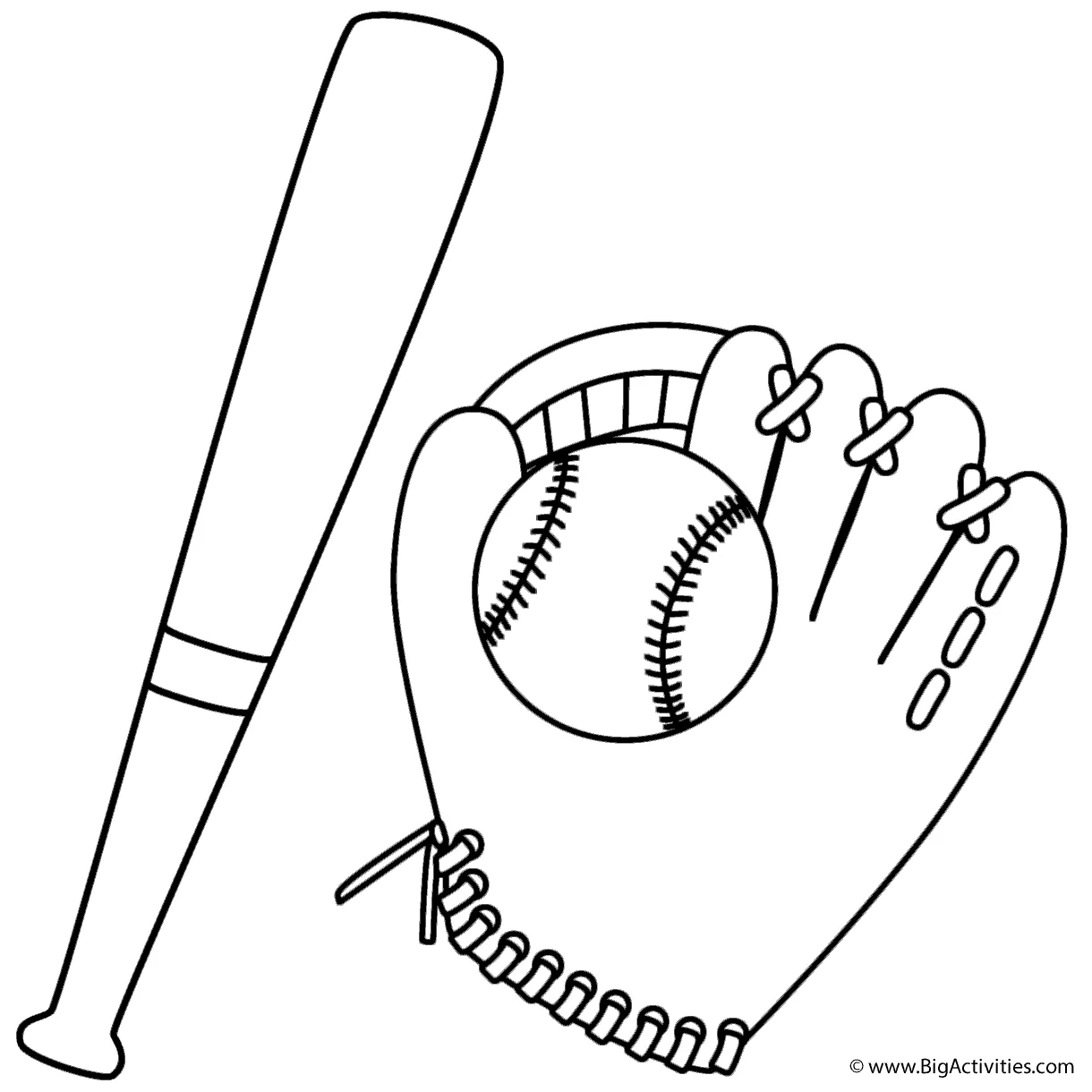 Bat and baseball in glove coloring page sports