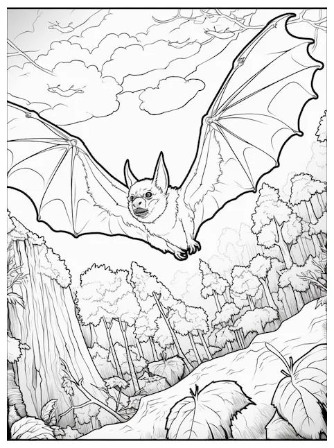 Premium coloring page of a bat flying over a forest with trees