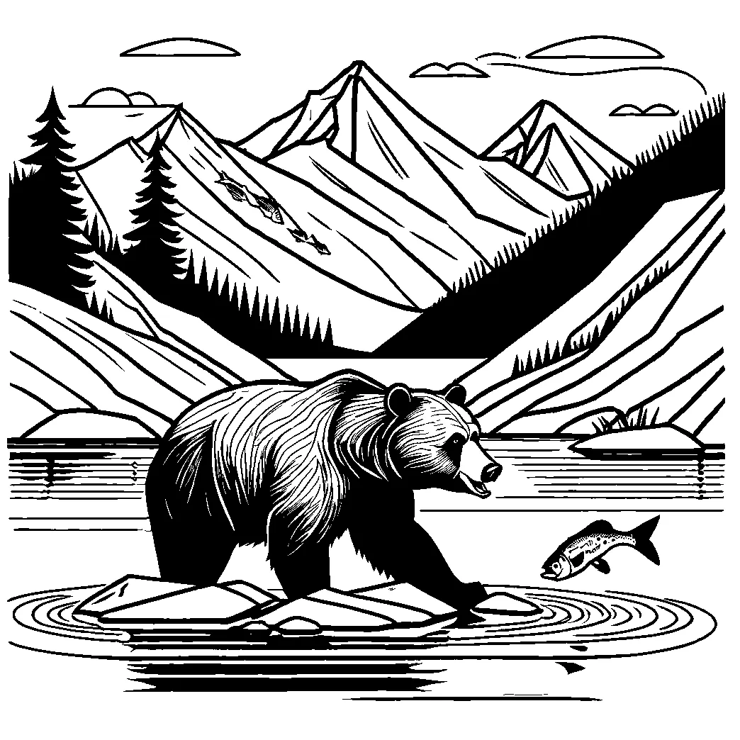 Brown bear catching fish in river illustration lulu pages