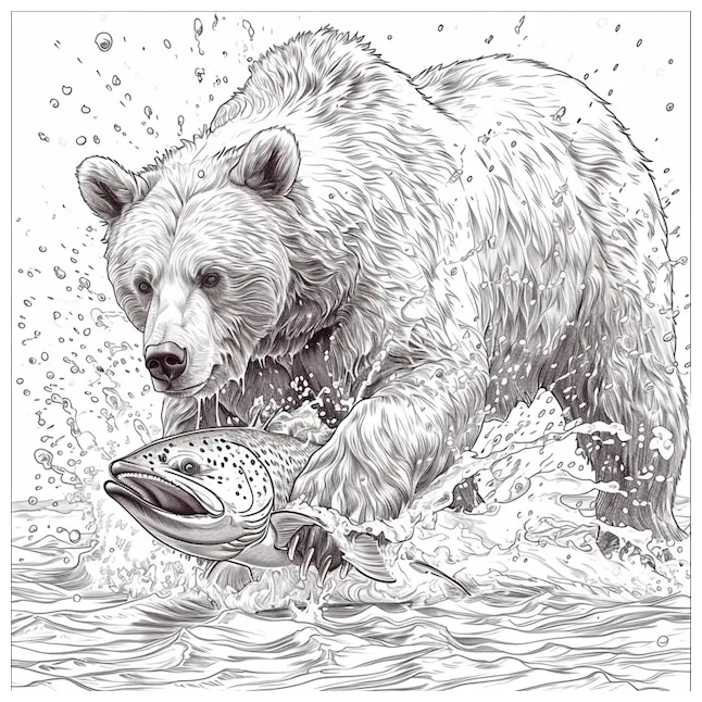 Coloring page of a bear catching a fish in the water generative ai printable coloring page