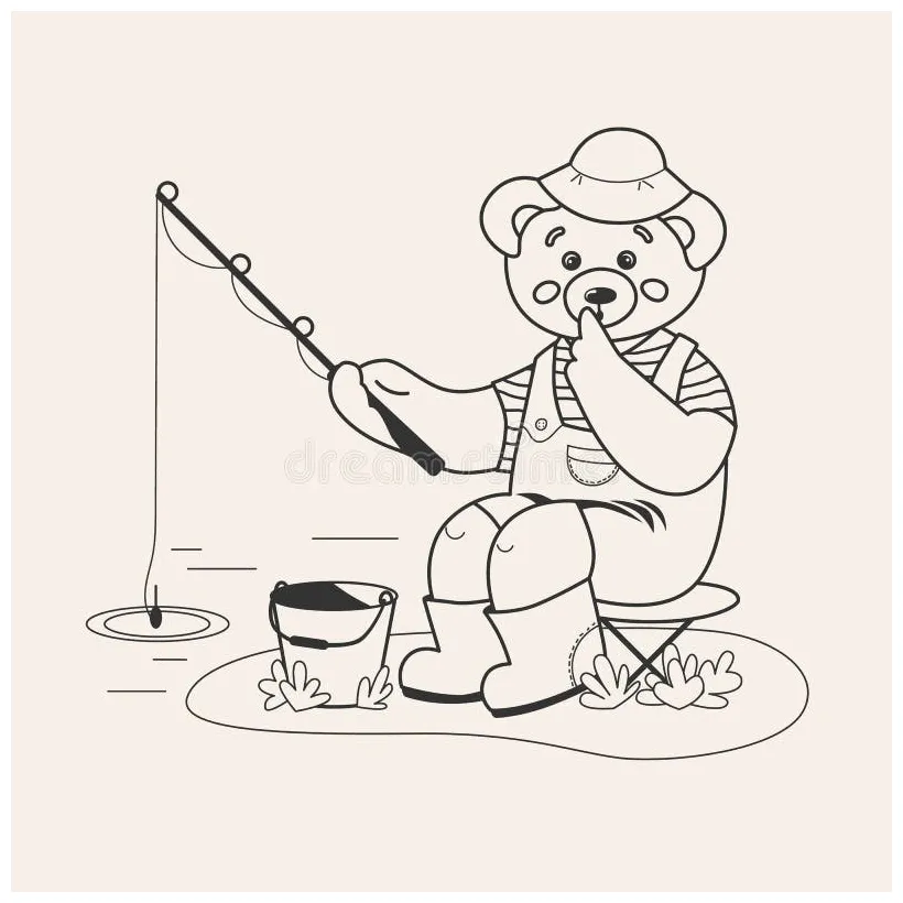 Cute bear is catching fish, coloring page stock vector illustration