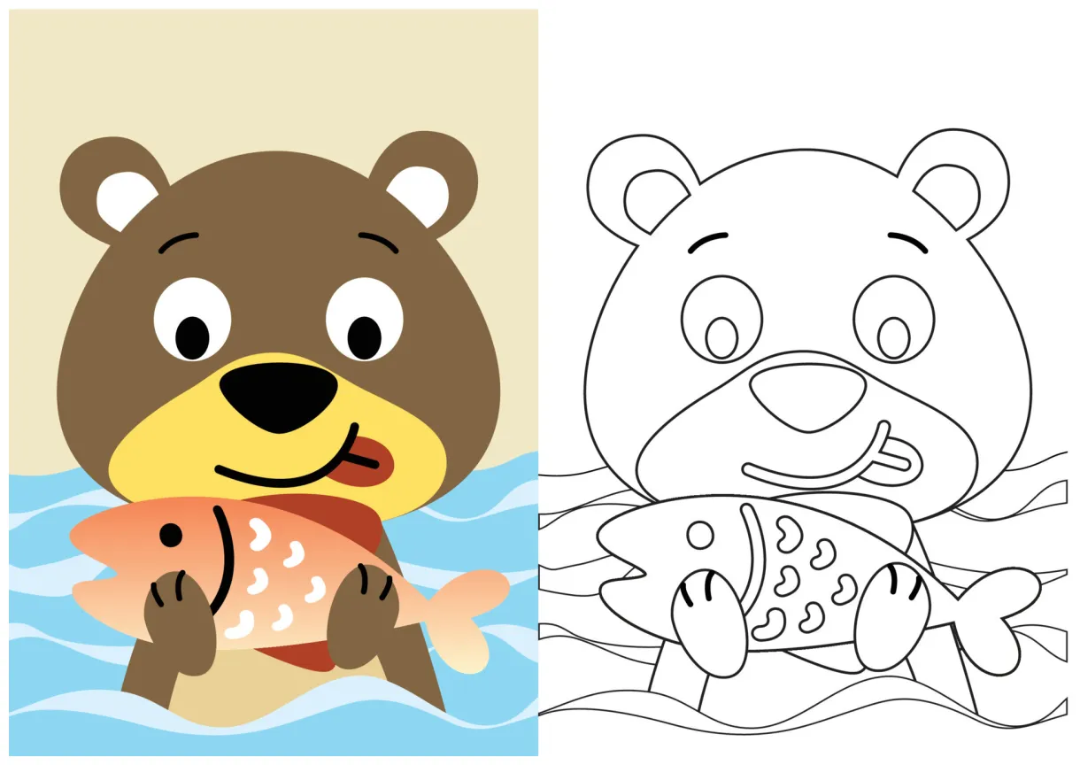 Vector cartoon of cute bear catching big fish in river, coloring book