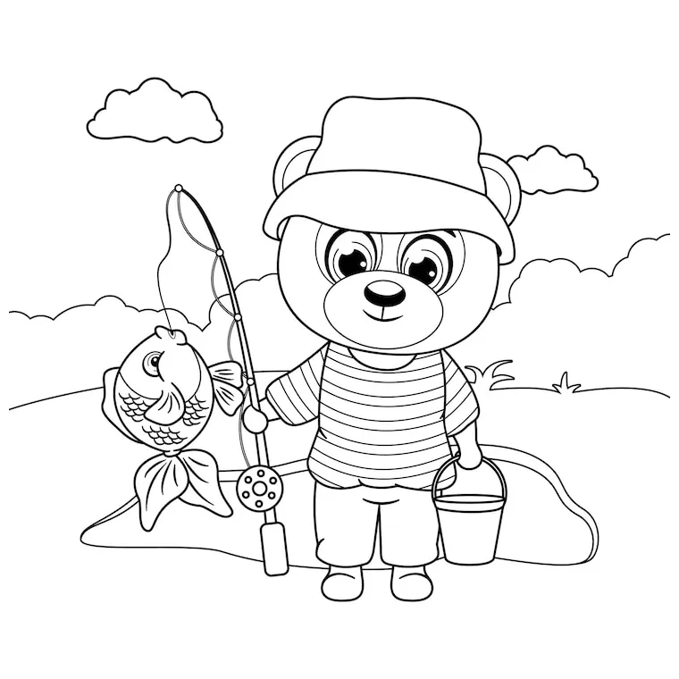 Premium vector coloring page a bear with a fishing rod a bucket and a