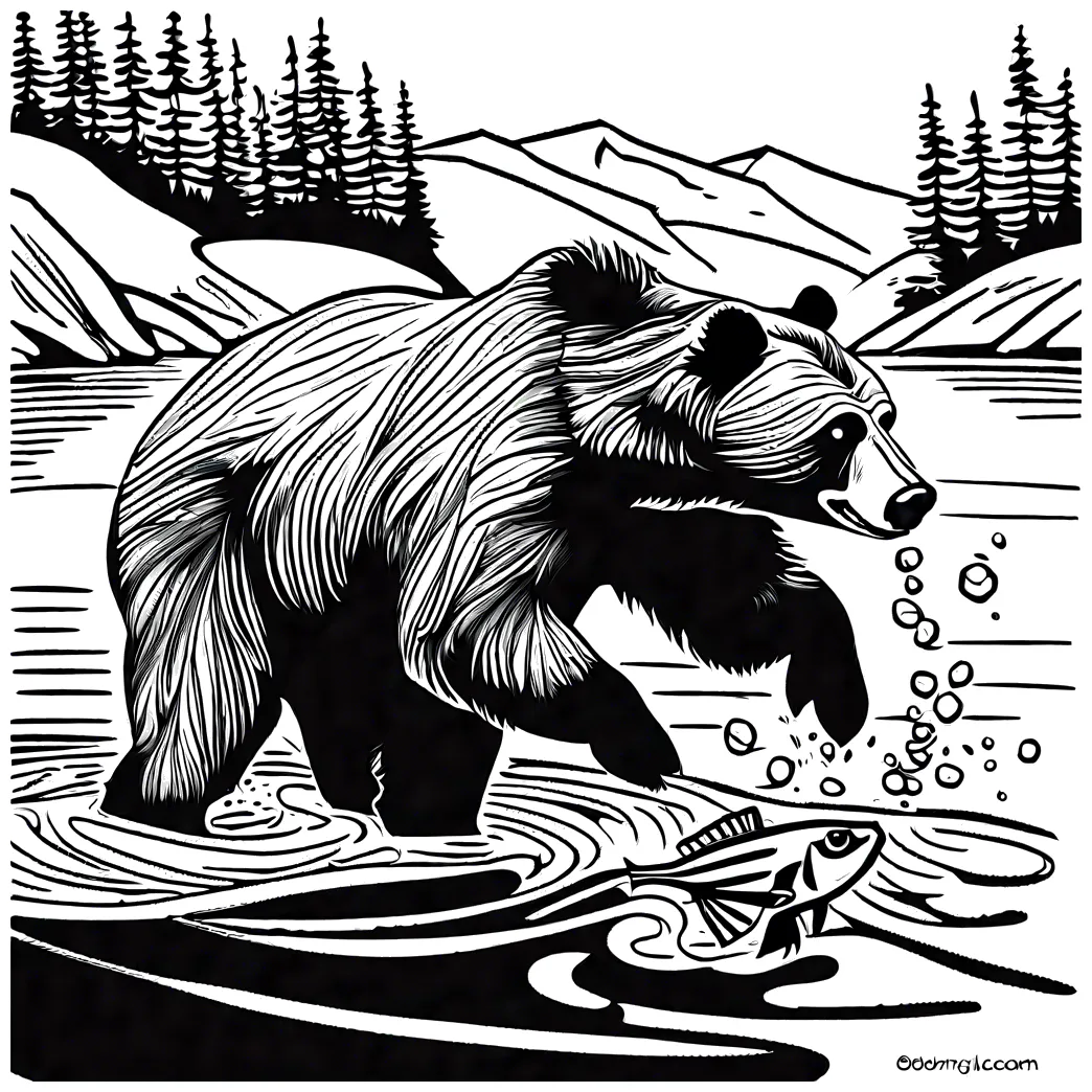 Brown bear catching fish coloring jungle