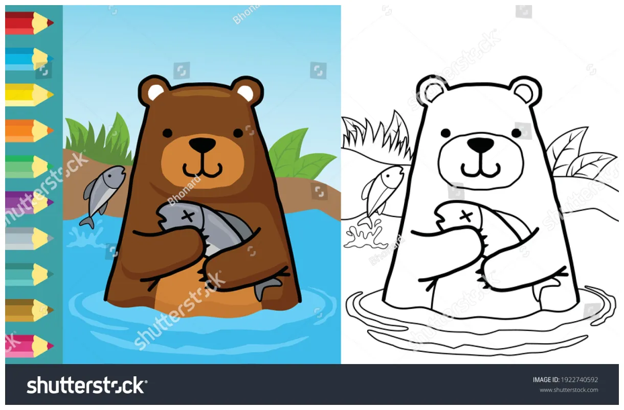 Cute bear catching fish river coloring stock vector
