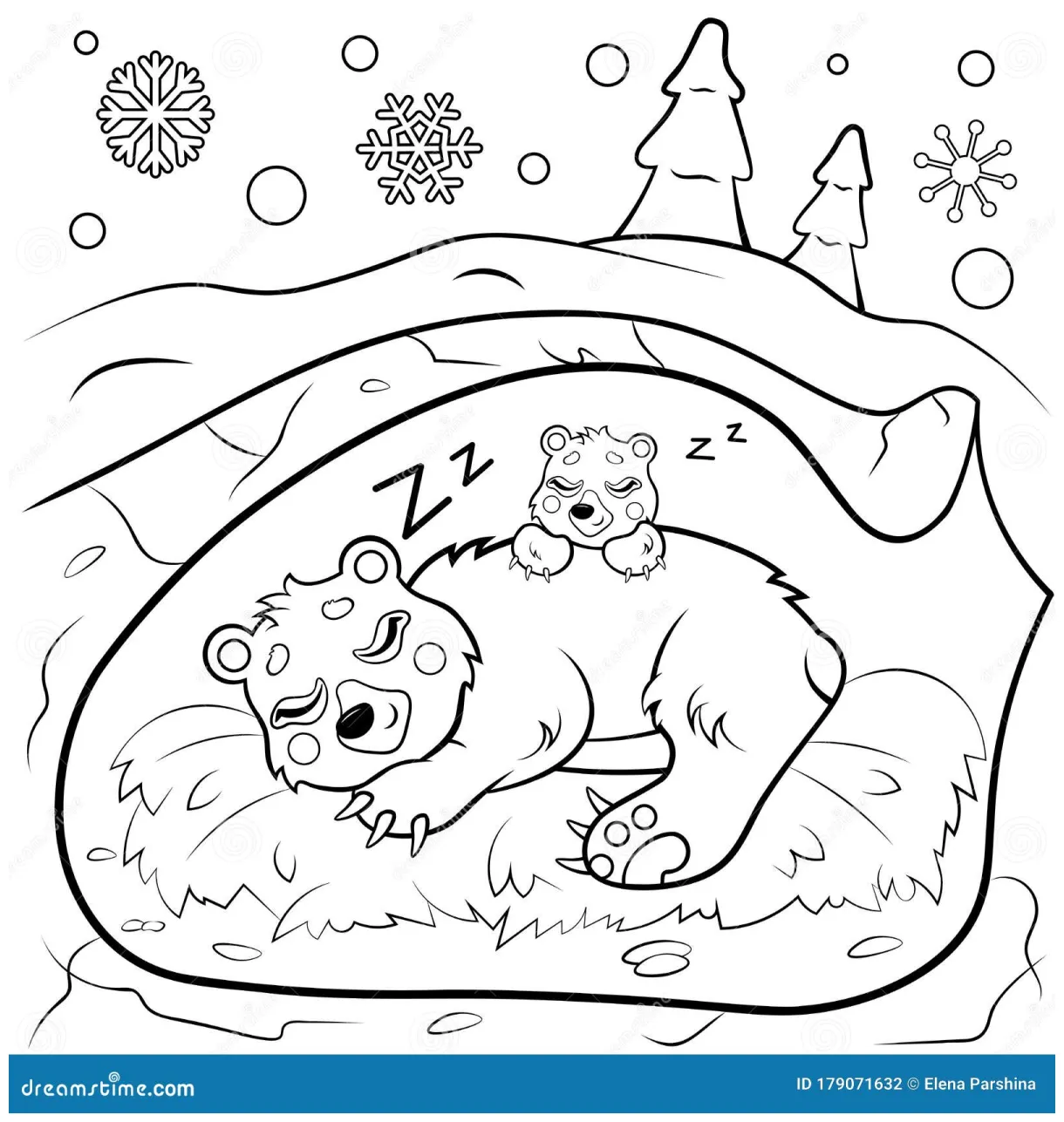 Cute cartoon sleeping bears in den in winter vector coloring page. bear