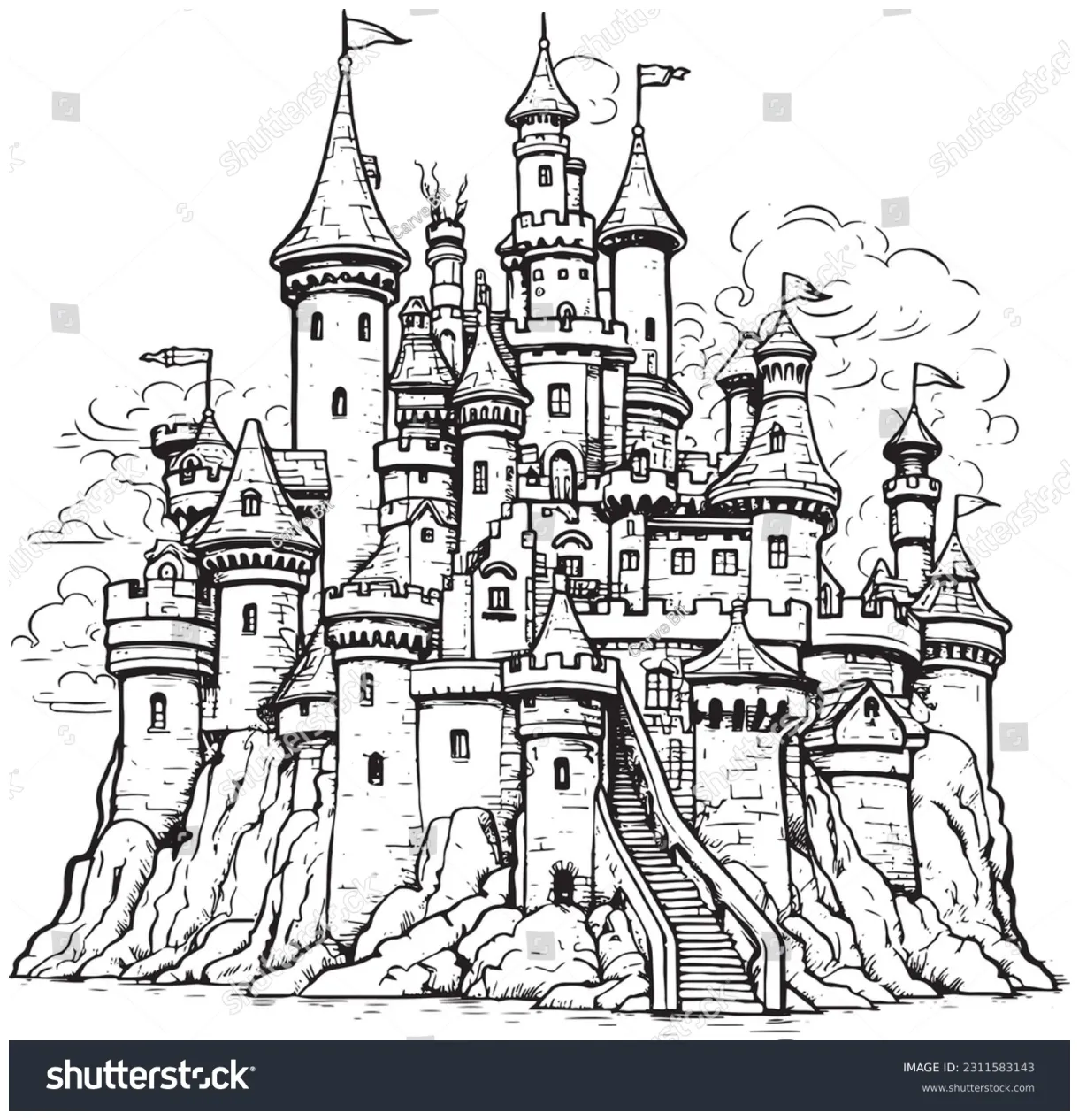 Castle Coloring Page Vector Majestic Fortress Stock Vector (Royalty