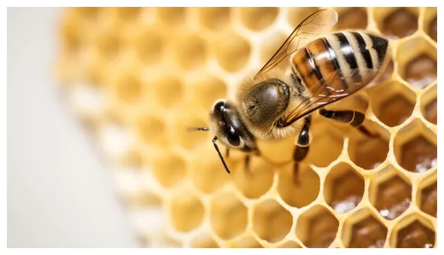 Premium ai bee sits on a honeycomb white generative ai