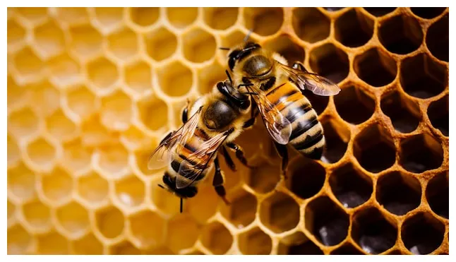 Premium ai bees on a honeycomb with the word bee on it