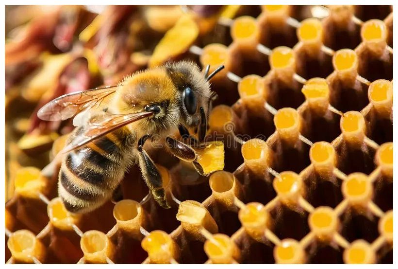 Closeup honey bee producing honey, natural process stock illustration