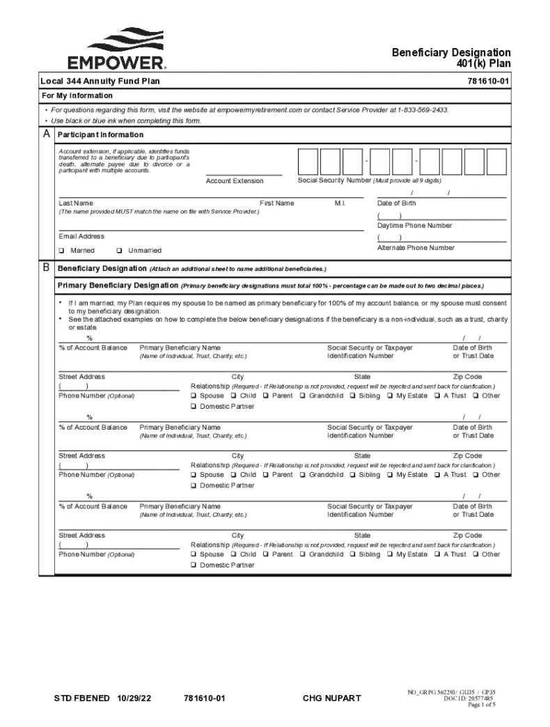 Fillable online 401 k plan beneficiary designation fax email print