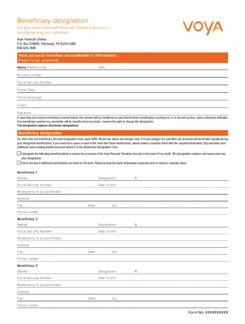 Fillable online beneficiary designation for voya financial personal