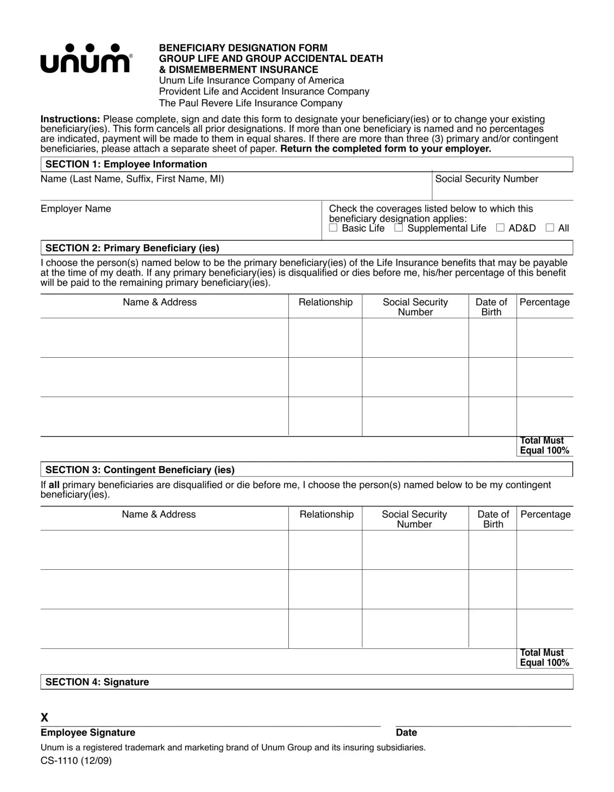 Unum beneficiary designation pdf form formspal