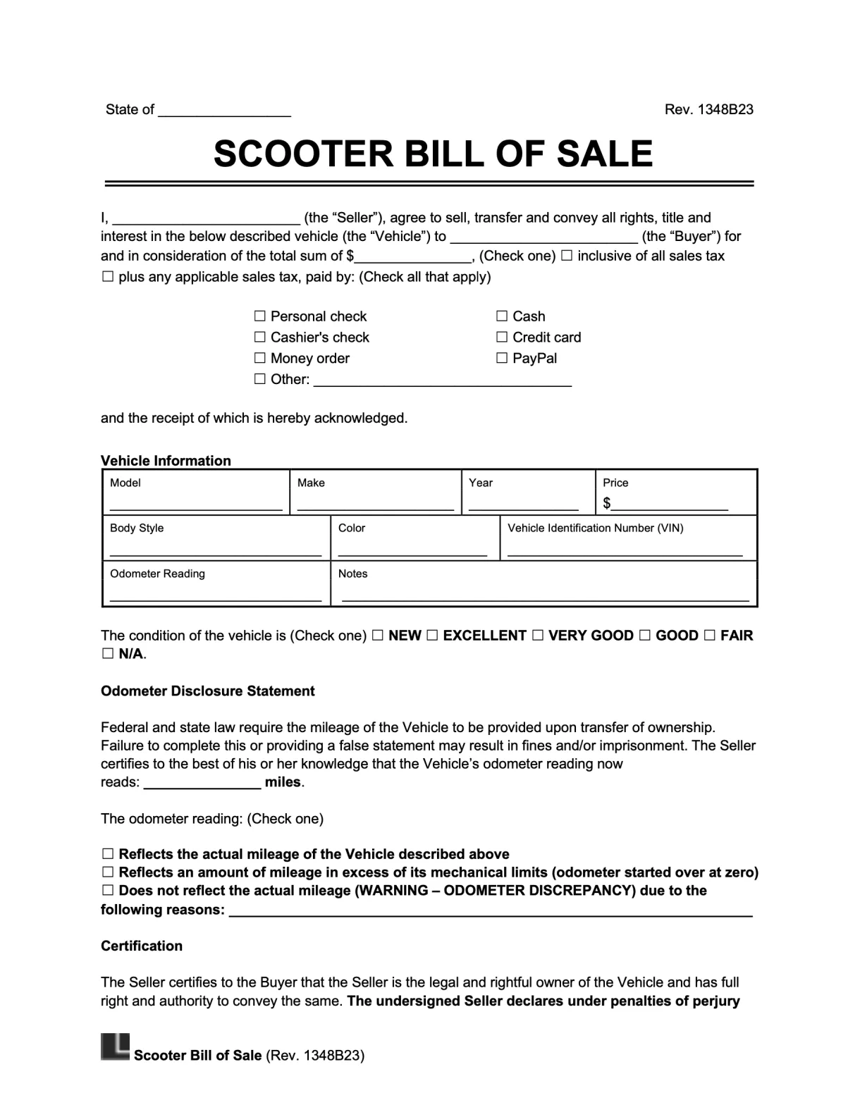 Free Scooter (Moped) Bill of Sale | PDF & Word