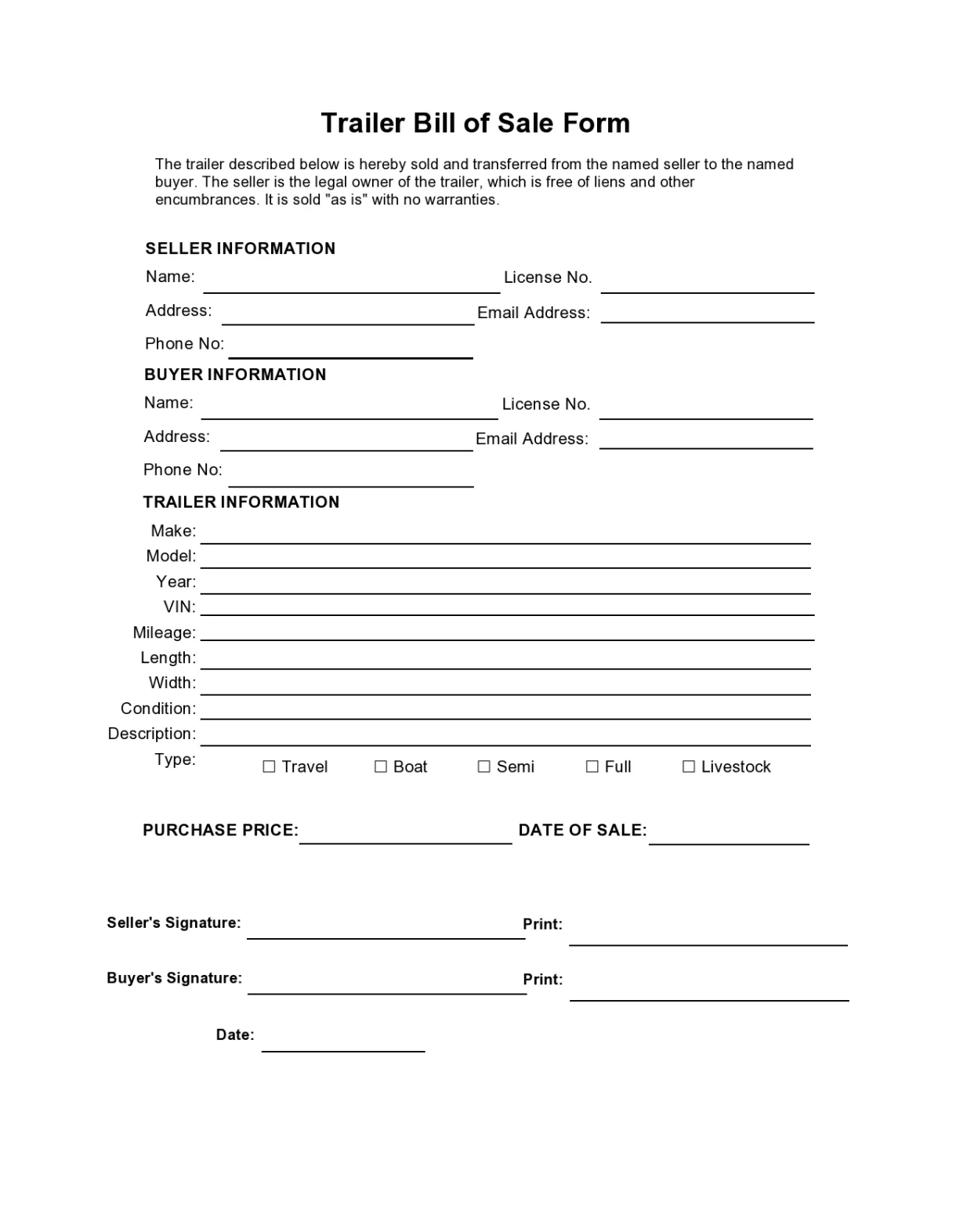 Printable Sample Bill Of Sale Camper Form Bill Of Sale Template