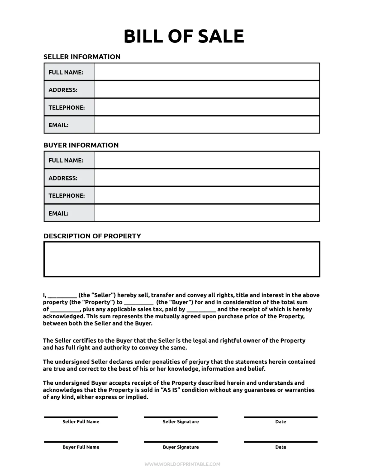 the bill of sale form is shown