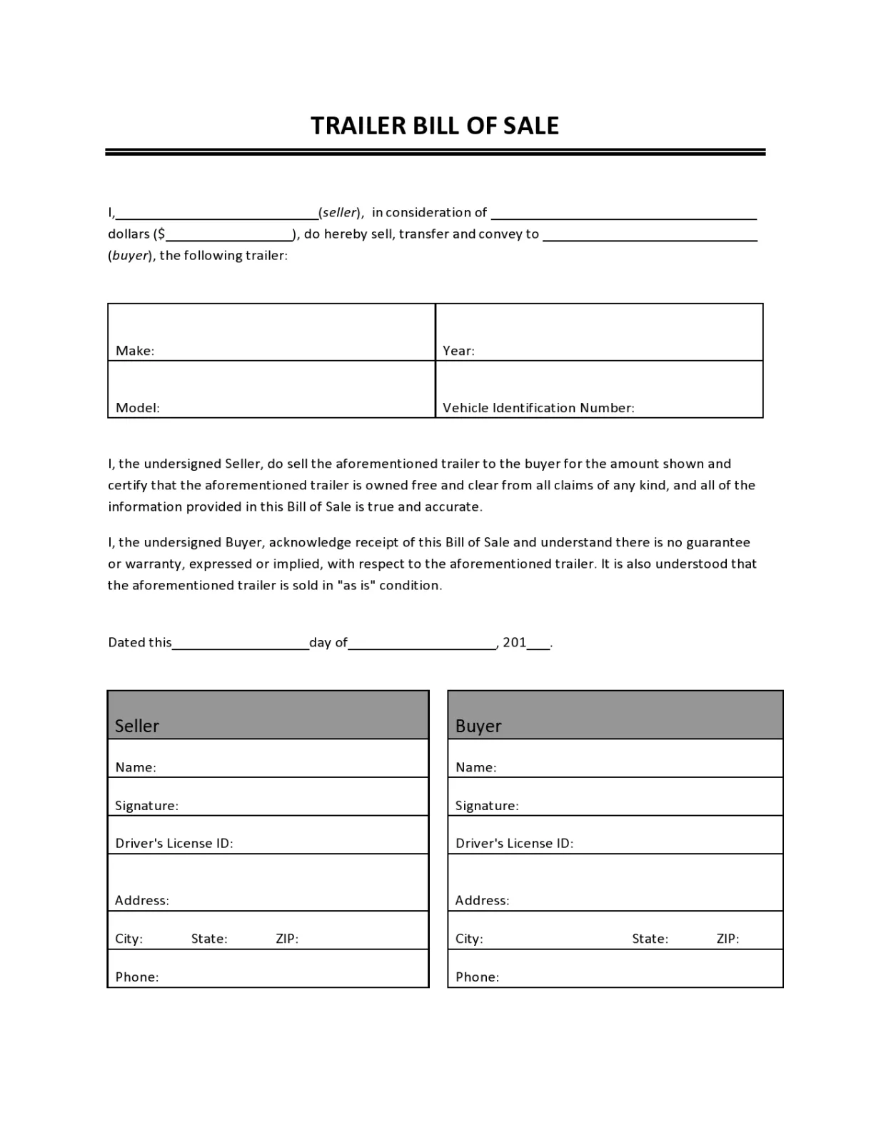 38 Printable Trailer Bill of Sale Templates [Word] - TemplateLab