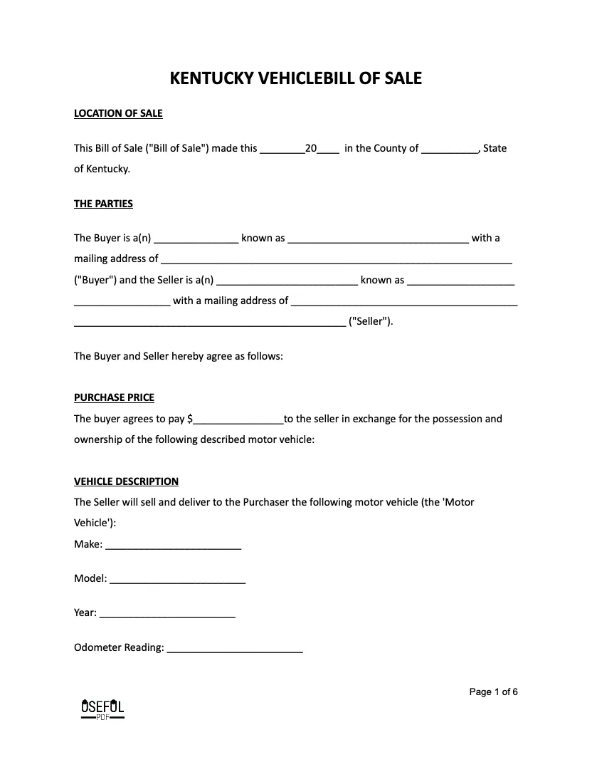 Bill Of Sale Form