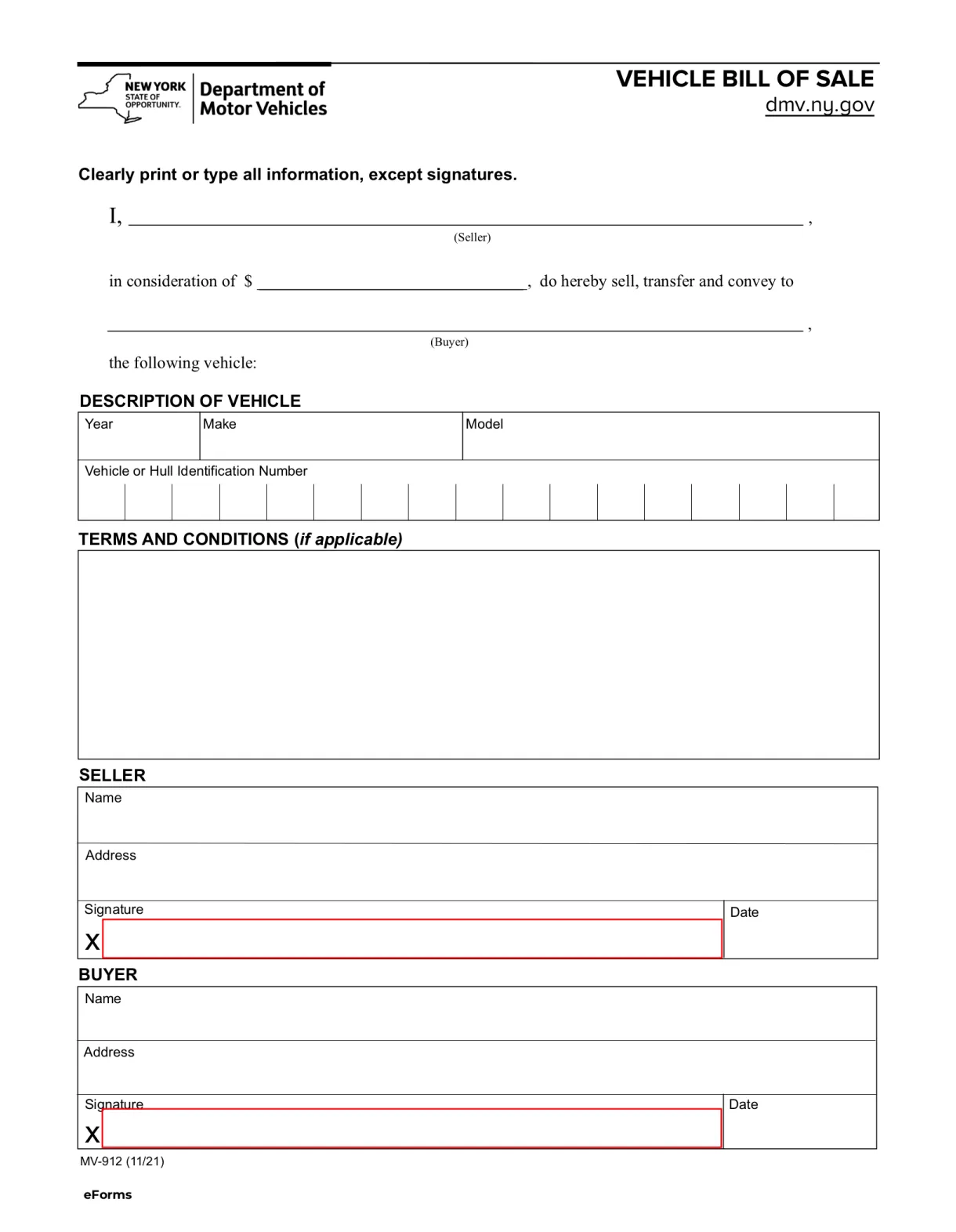 Free New York Motor Vehicle Bill of Sale | Form MV-912 - PDF – eForms