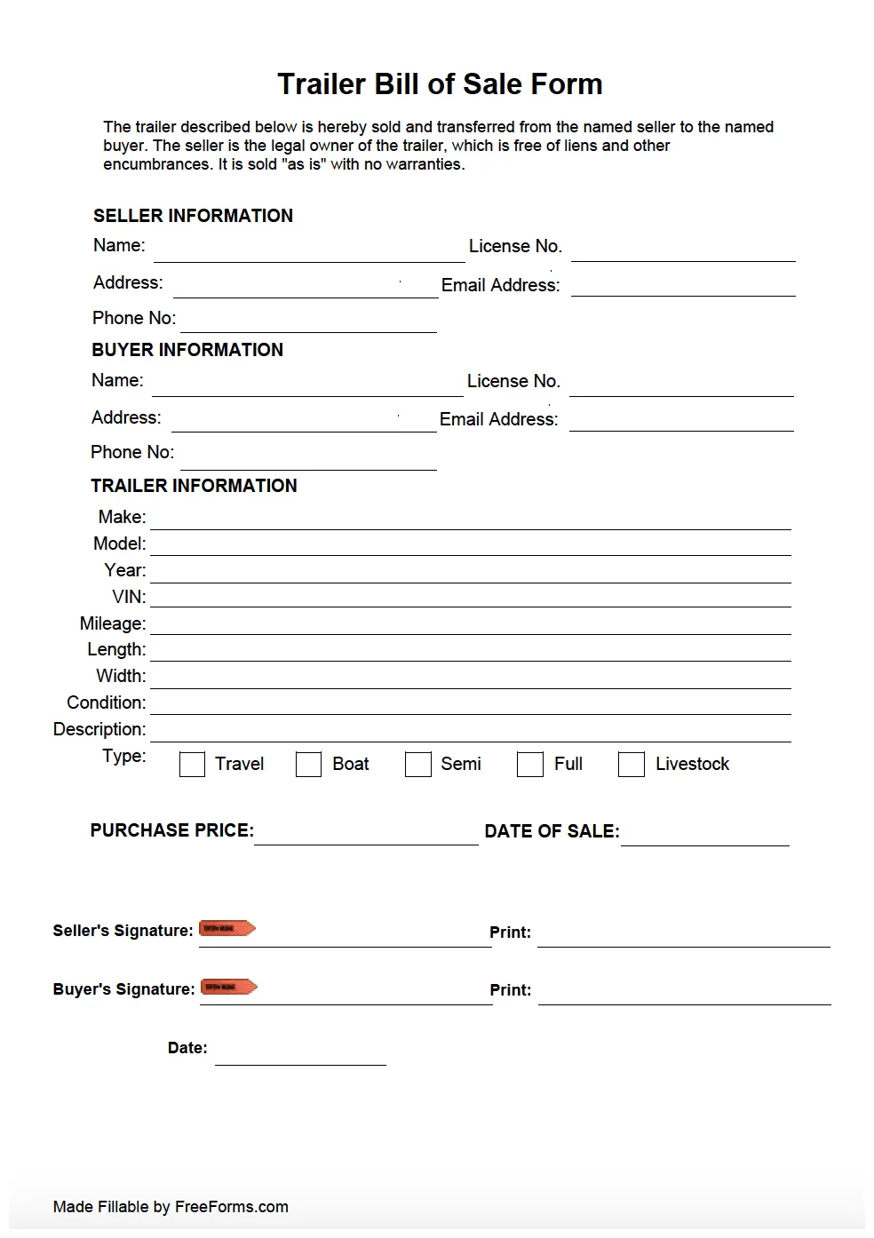 Bill Of Sale Trailer Template