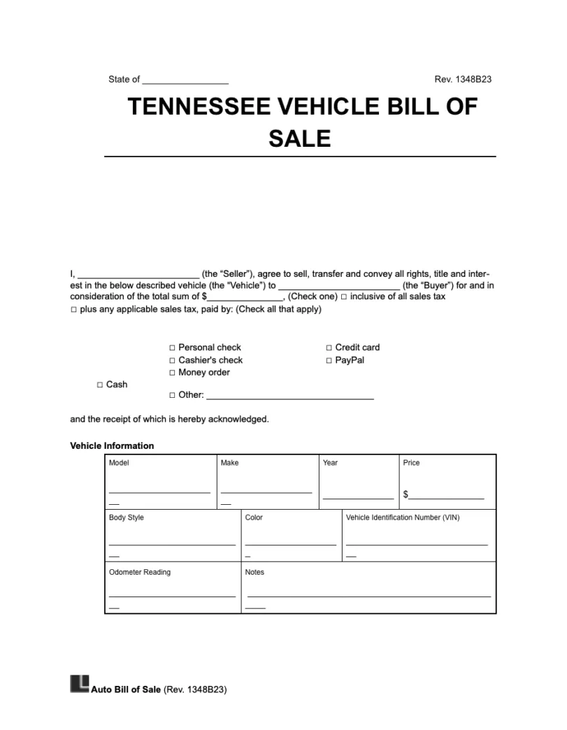 Free Tennessee Motor Vehicle Bill of Sale Form | Legal Templates