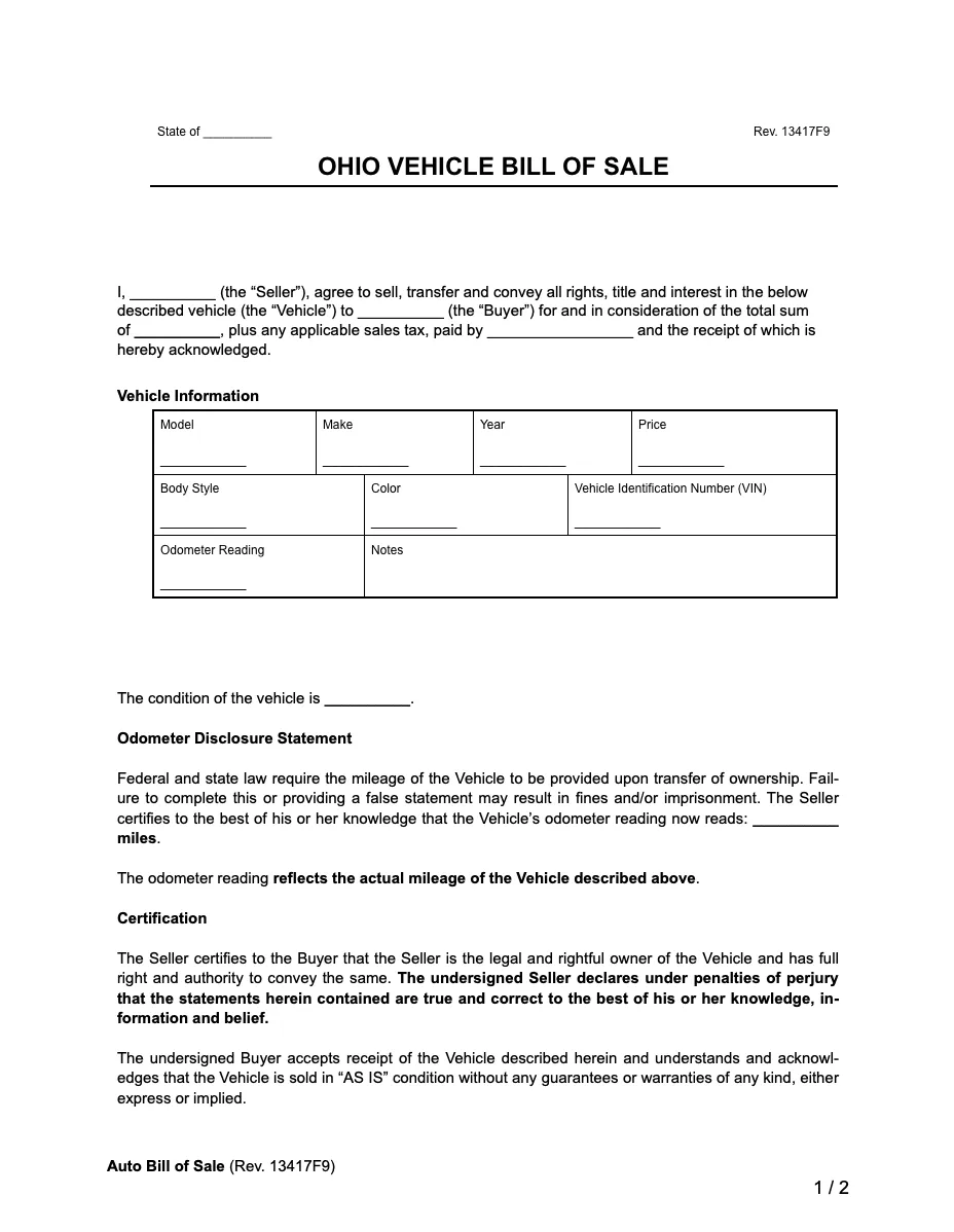 Free Ohio Vehicle Bill of Sale Form | PDF & Word