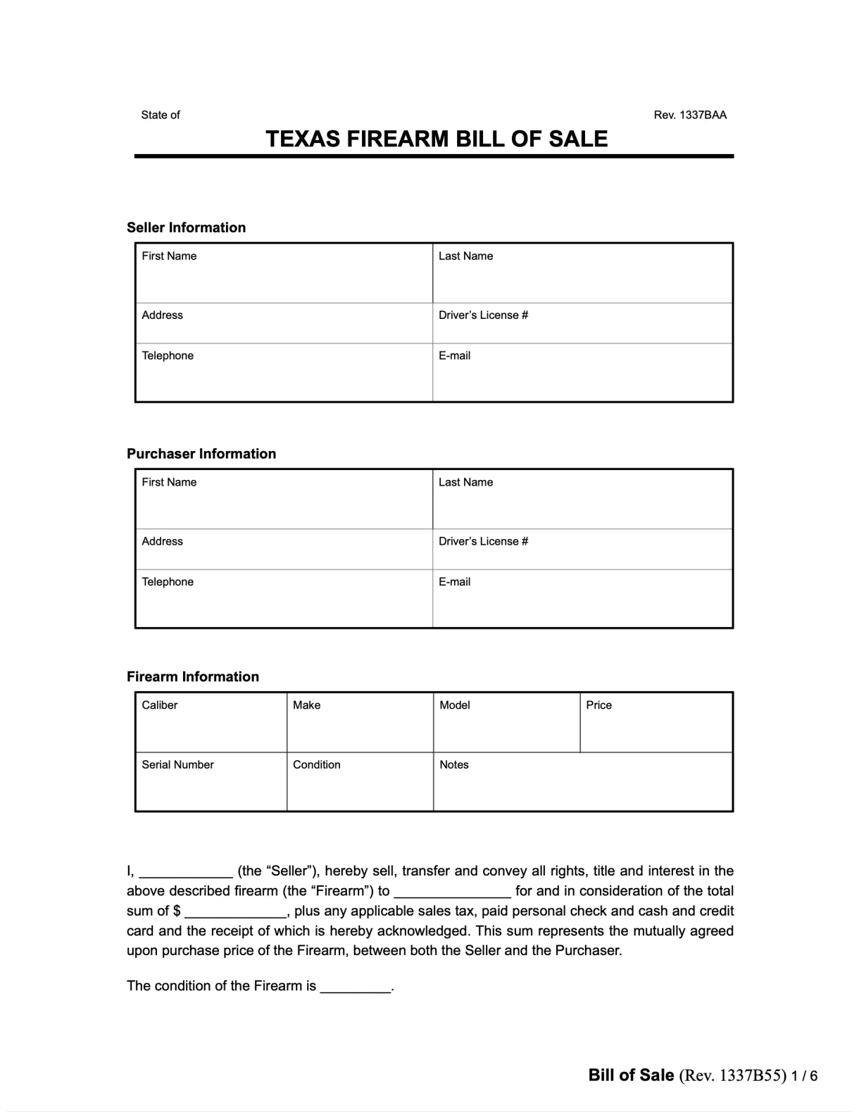 Free Texas Firearm Bill of Sale Form | PDF & Word