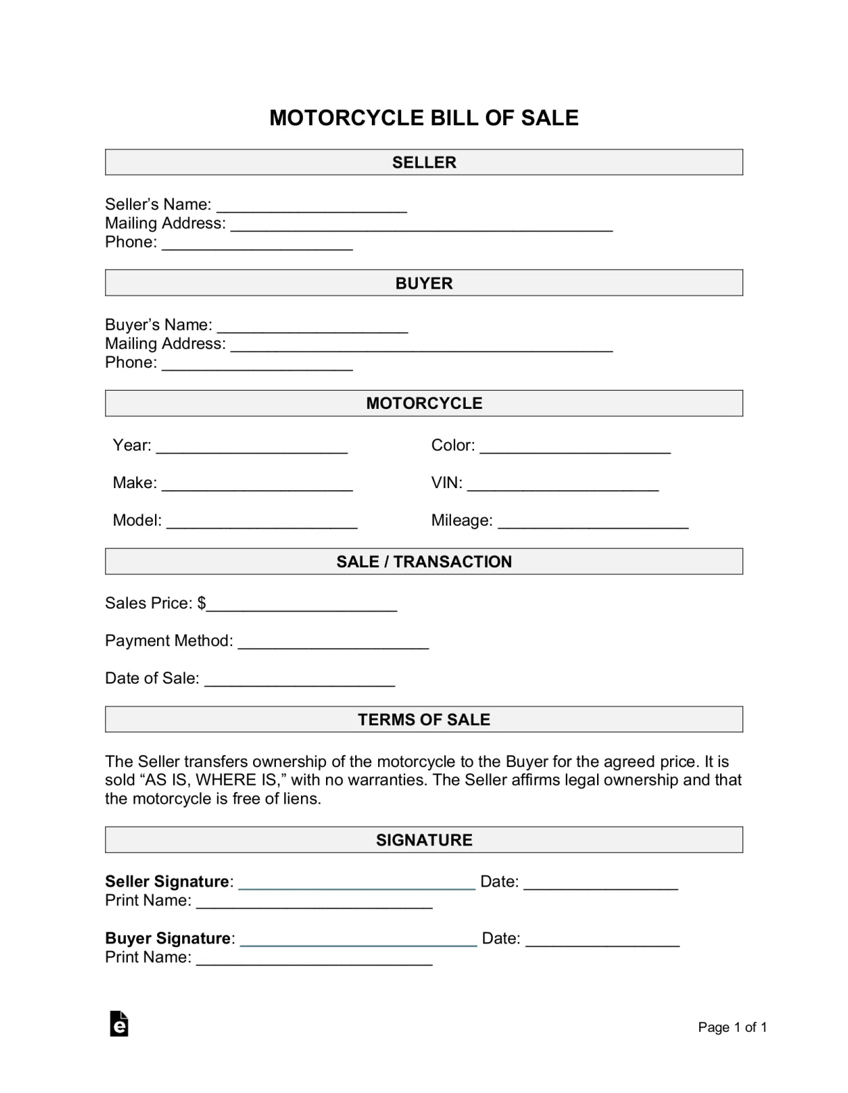 Free Motorcycle Bill of Sale Form - PDF | Word – eForms