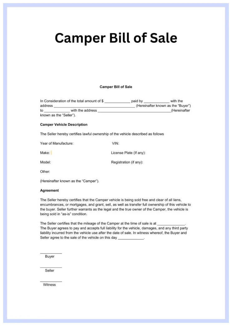 Blank Auto Bill Of Sale Form Free Printable