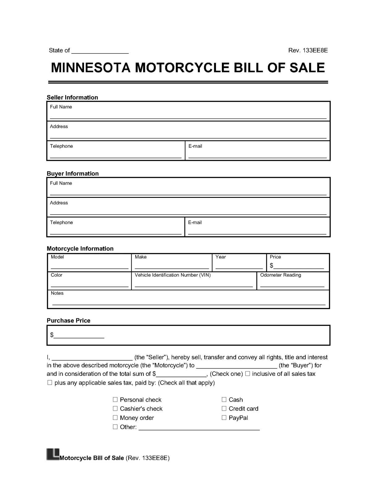 Minnesota Motorcycle Bill of Sale | Legal Templates