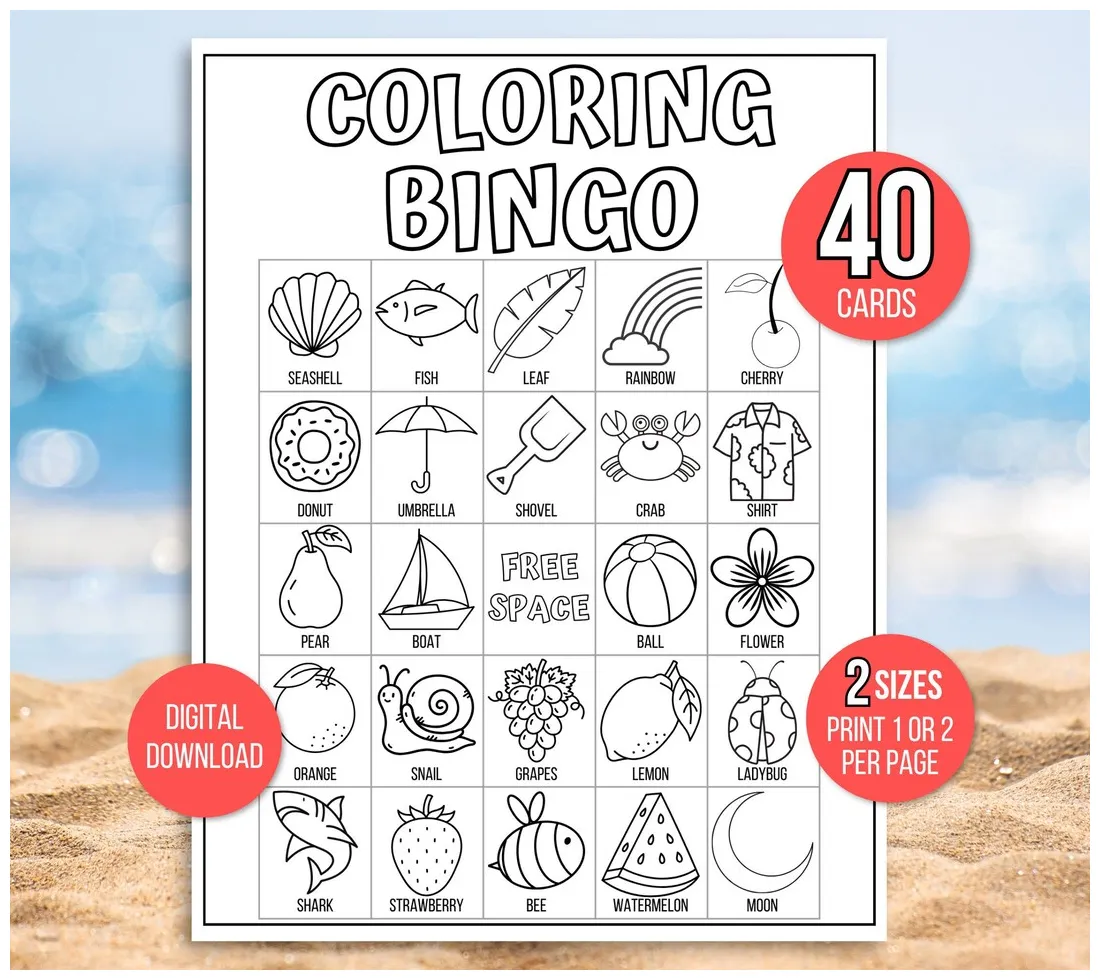 Coloring Bingo, 40 Coloring Bingo Cards, Coloring Bingo Game, Coloring