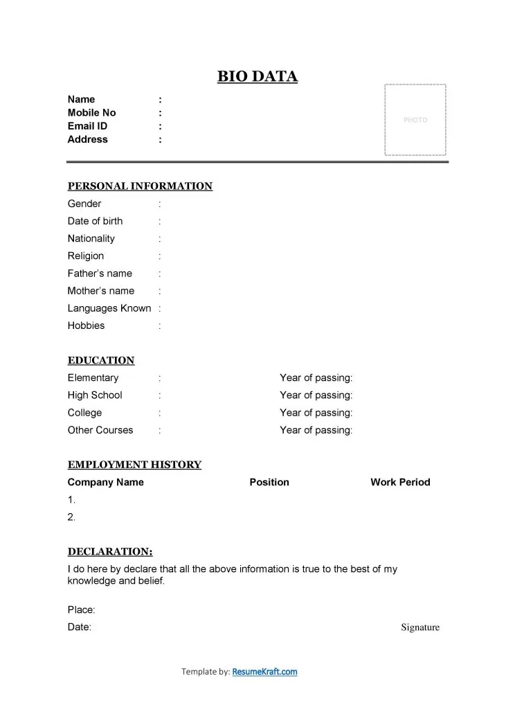 Bio data form print printable forms free online